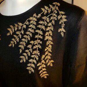 Coldwater Creek Black Sweater Gold Metallic Leaf Embroidery Long Sleeve XL